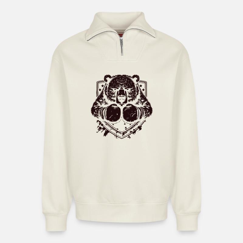 Bear Boxer - Relaxed Unisex Organic Half Zip Sweatshirt – by SPREAD - off white