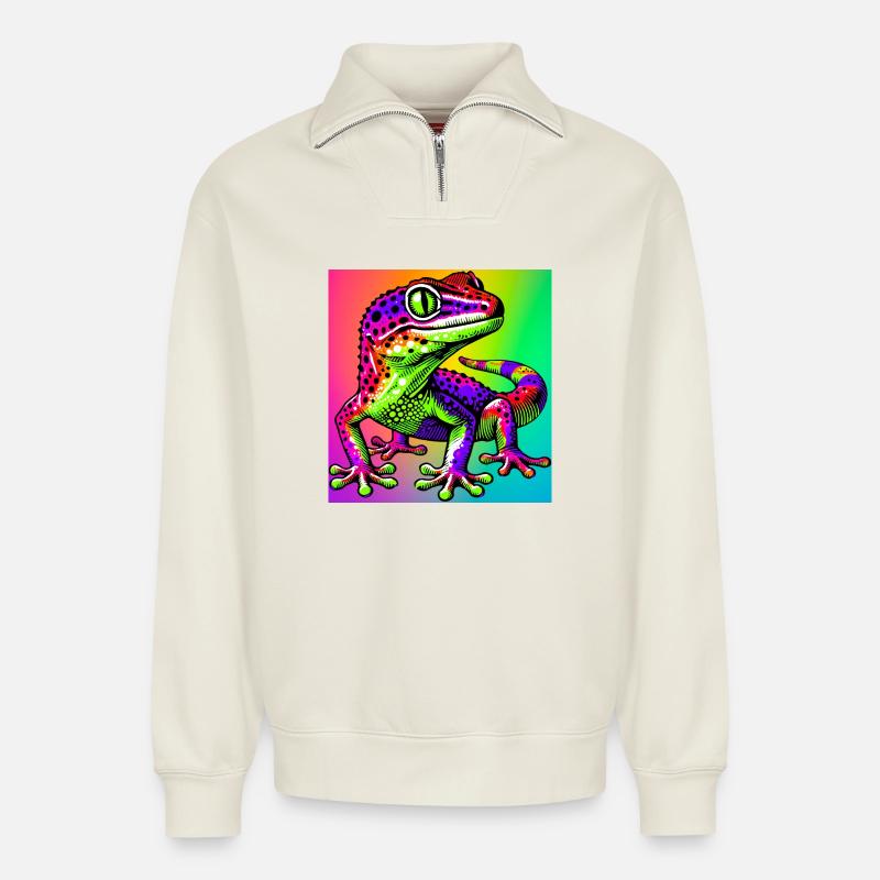 Gecko - Sweat unisexe décontracté en coton biologique à demi-zip – de SPREAD - blanc cassé