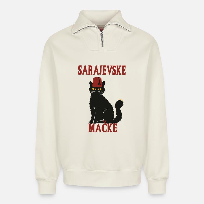 Katze Sarajevo Fez - Relaxed Unisex Organic Half Zip Sweatshirt – von SPREAD - Naturweiß