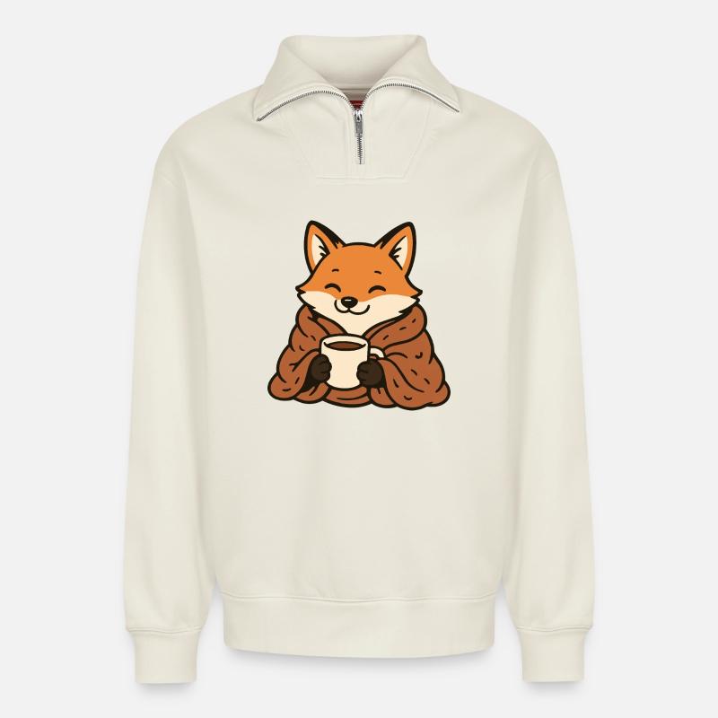 Cuddly fox with mug - Relaxed Unisex Organic Half Zip Sweatshirt – by SPREAD - off white