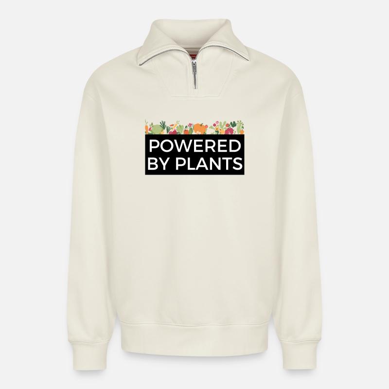 Powered by Plants Tee Design Veggie - Relaxed Unisex Organic Half Zip Sweatshirt – von SPREAD - Naturweiß