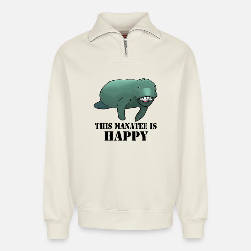 Die glückliche Seekuh - Relaxed Unisex Organic Half Zip Sweatshirt – von SPREAD - Naturweiß