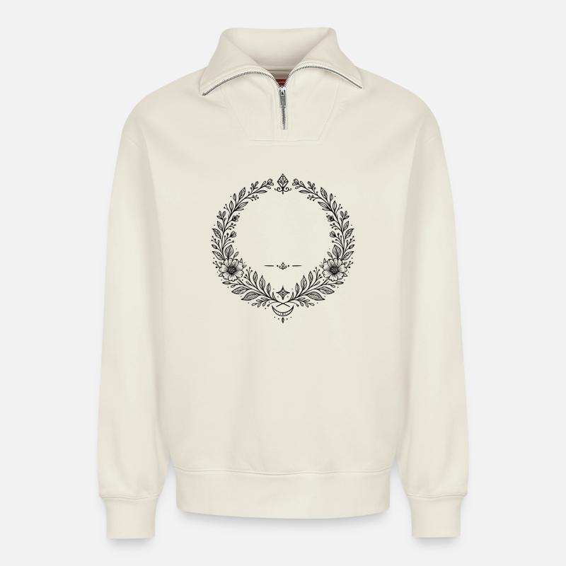 Kranz Blumenkranz mit Mondsichel - Relaxed Unisex Organic Half Zip Sweatshirt – von SPREAD - Naturweiß
