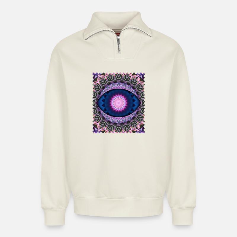Neon Blau Pink Mandala - Relaxed Unisex Organic Half Zip Sweatshirt – von SPREAD - Naturweiß