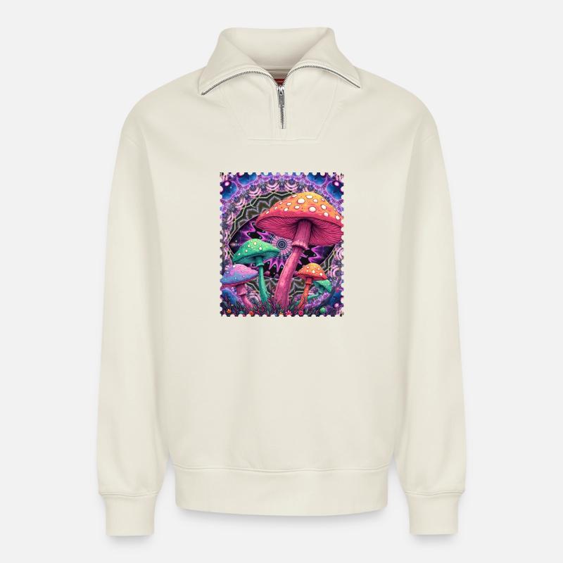 Psychedelische Pilz-Formen Neon - Relaxed Unisex Organic Half Zip Sweatshirt – von SPREAD - Naturweiß