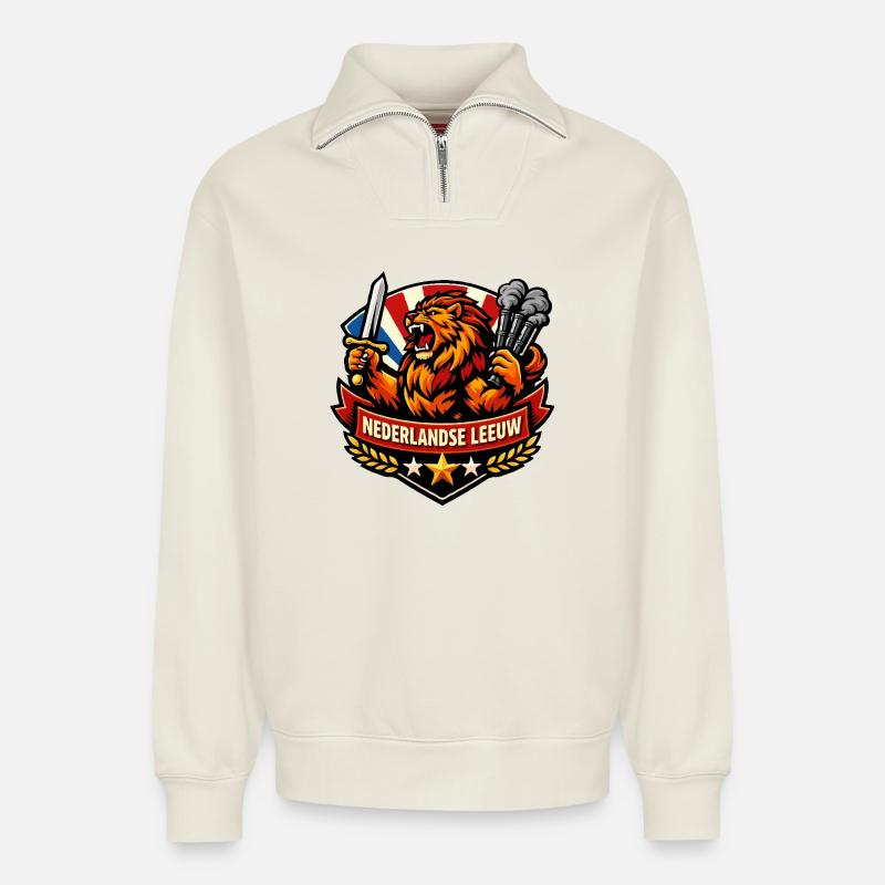 Holländischer Löwe mit Schwert und Rauch - Relaxed Unisex Organic Half Zip Sweatshirt – von SPREAD - Naturweiß