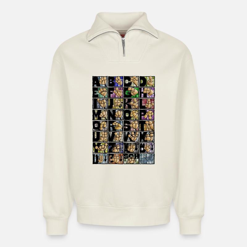 German Finger Alphabet 3 / - Relaxed Unisex Organic Half Zip Sweatshirt – by SPREAD - off white
