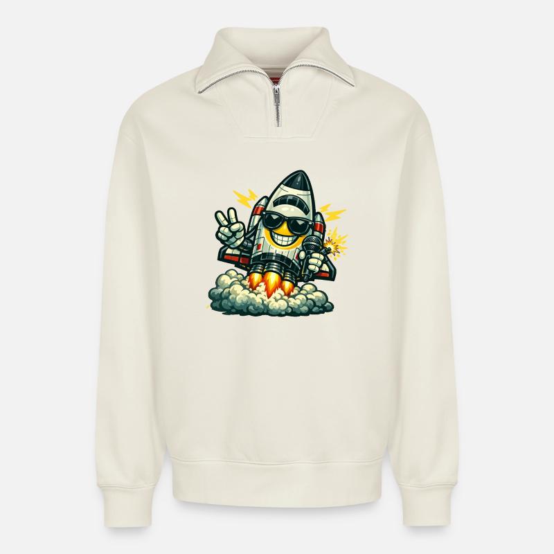 Space Rocket Duck mit Mikrofon - Relaxed Unisex Organic Half Zip Sweatshirt – von SPREAD - Naturweiß