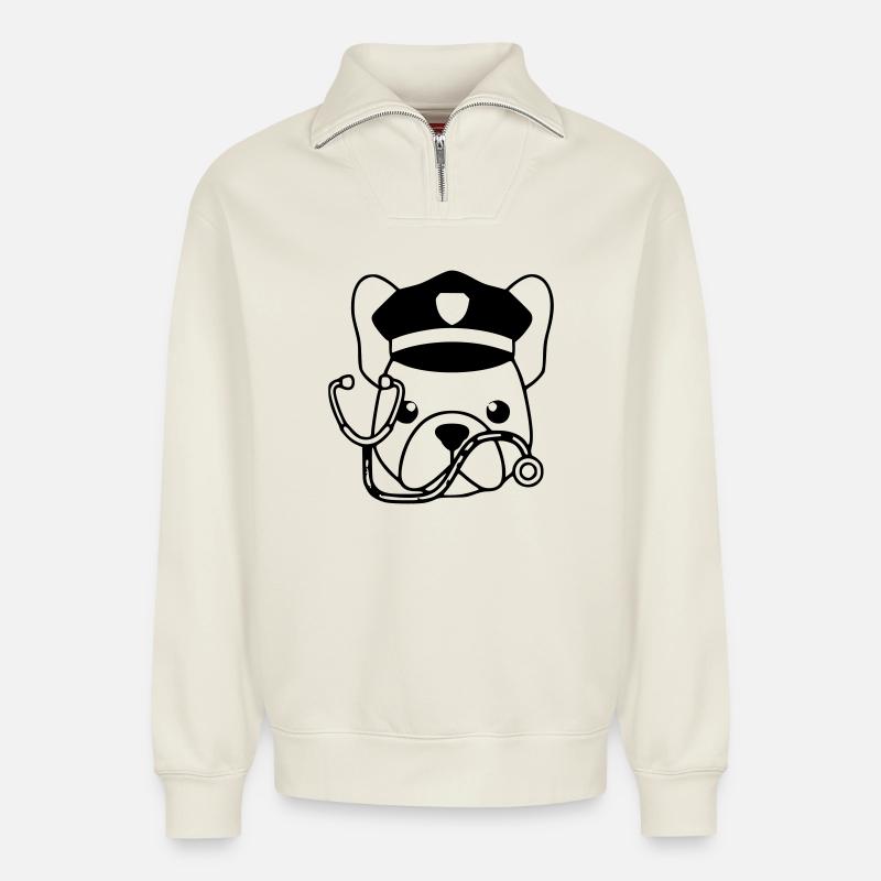 Frenchie Arzt Kopf Outline - Relaxed Unisex Organic Half Zip Sweatshirt – von SPREAD - Naturweiß