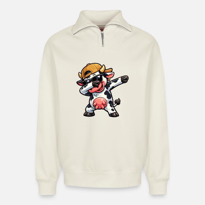 Dabbing Cow - Relaxed Unisex Organic Half Zip Sweatshirt – von SPREAD - Naturweiß