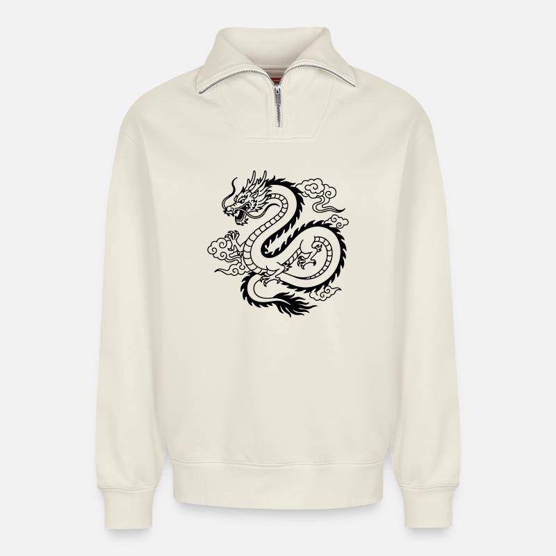 Dragon chinois - Sweat unisexe décontracté en coton biologique à demi-zip – de SPREAD - blanc cassé