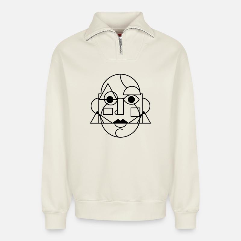Abstraktes Kunstgesicht - Relaxed Unisex Organic Half Zip Sweatshirt – von SPREAD - Naturweiß
