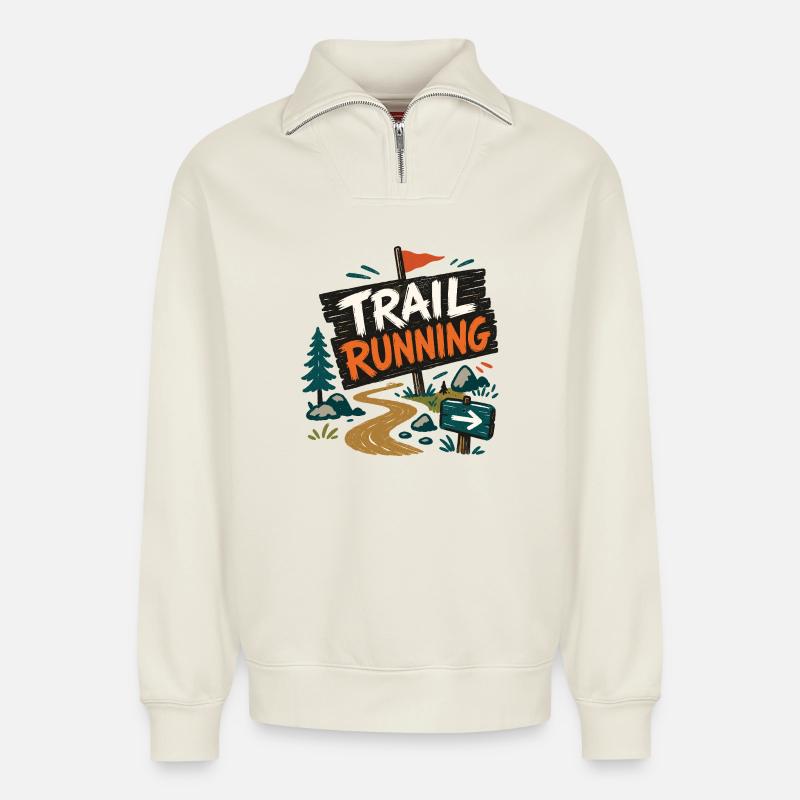 trail running - Relaxed Unisex Organic Half Zip Sweatshirt – by SPREAD - off white