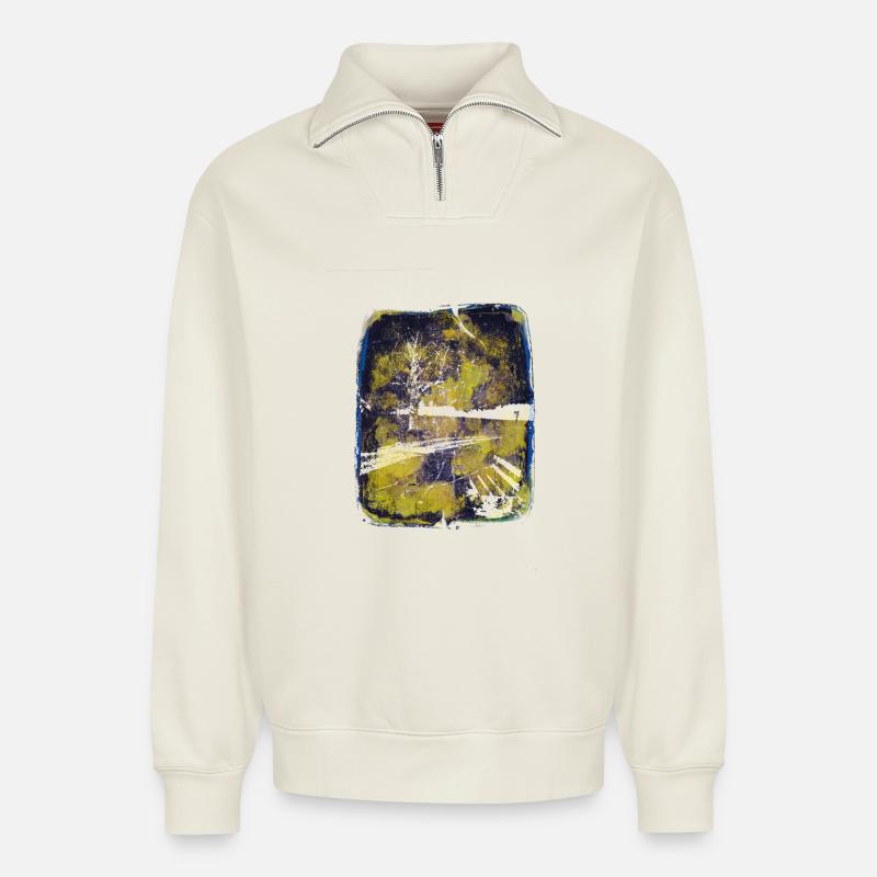 Bench with lime tree - Relaxed Unisex Organic Half Zip Sweatshirt – by SPREAD - off white