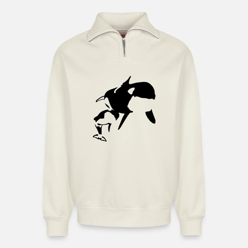orcas - Relaxed Unisex Organic Half Zip Sweatshirt – by SPREAD - off white
