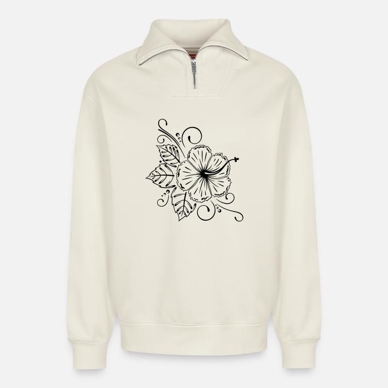 Hibiscus, hibiscus, fleur, fleurs - Sweat unisexe décontracté en coton biologique à demi-zip – de SPREAD - blanc cassé