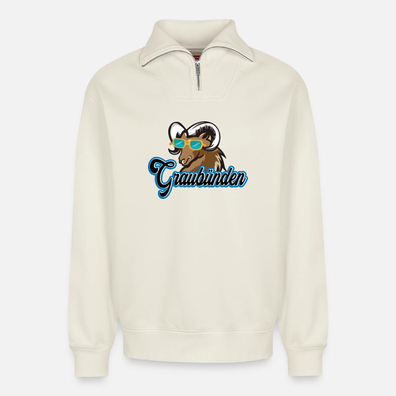 Graubünden Steinbock Stil - Relaxed Unisex Organic Half Zip Sweatshirt – von SPREAD - Naturweiß