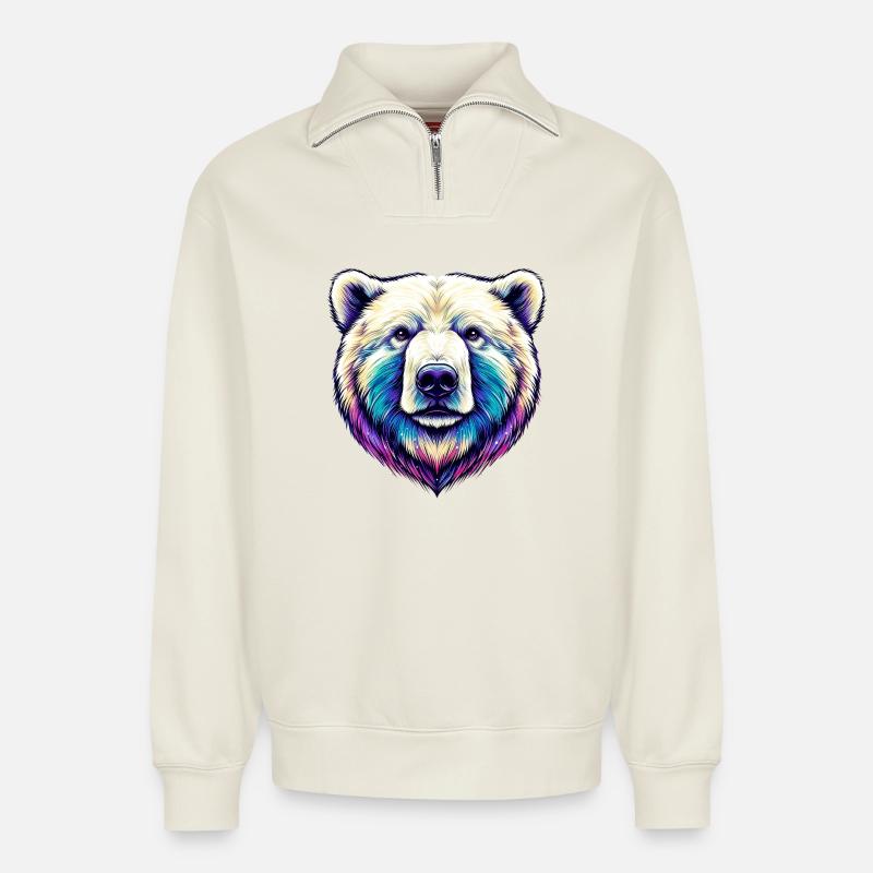 Ours blanc - Sweat unisexe décontracté en coton biologique à demi-zip – de SPREAD - blanc cassé