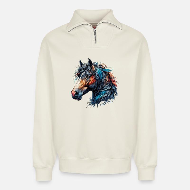 Pferd - Relaxed Unisex Organic Half Zip Sweatshirt – von SPREAD - Naturweiß