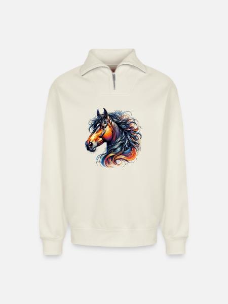 Cheval - Sweat unisexe décontracté en coton biologique à demi-zip – de SPREAD - blanc cassé