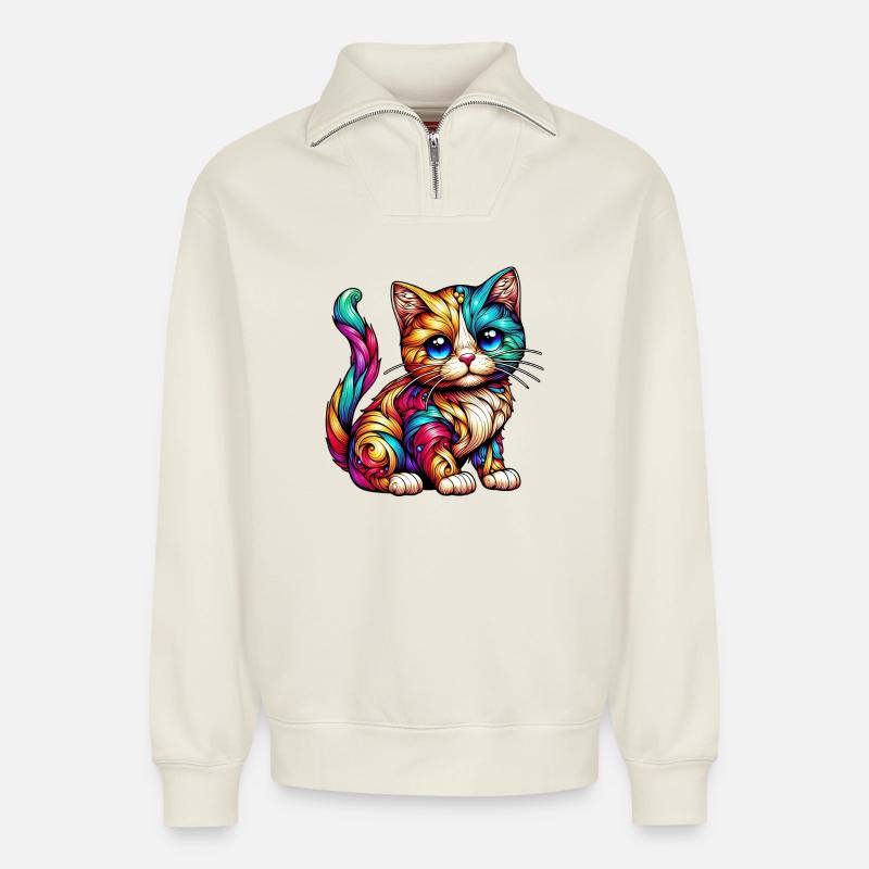 Katze - Relaxed Unisex Organic Half Zip Sweatshirt – von SPREAD - Naturweiß