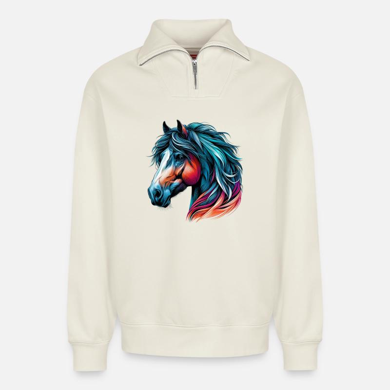 Pferd - Relaxed Unisex Organic Half Zip Sweatshirt – von SPREAD - Naturweiß
