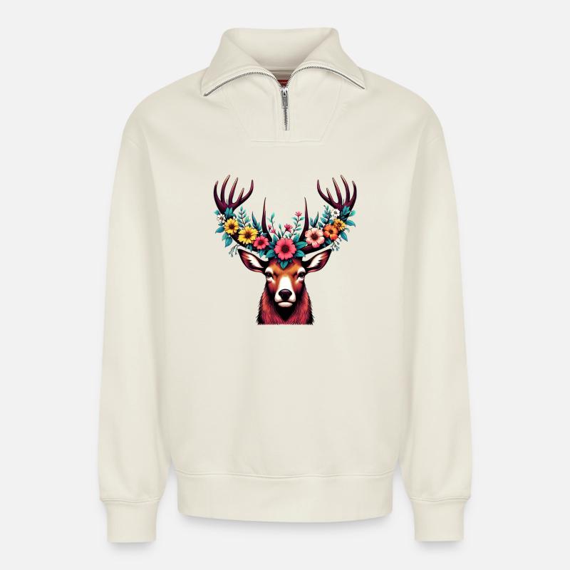 Cerf avec des fleurs - Sweat unisexe décontracté en coton biologique à demi-zip – de SPREAD - blanc cassé