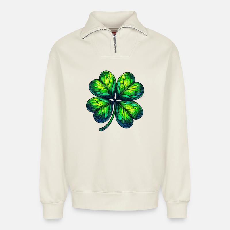 Trèfle à quatre feuilles - Sweat unisexe décontracté en coton biologique à demi-zip – de SPREAD - blanc cassé