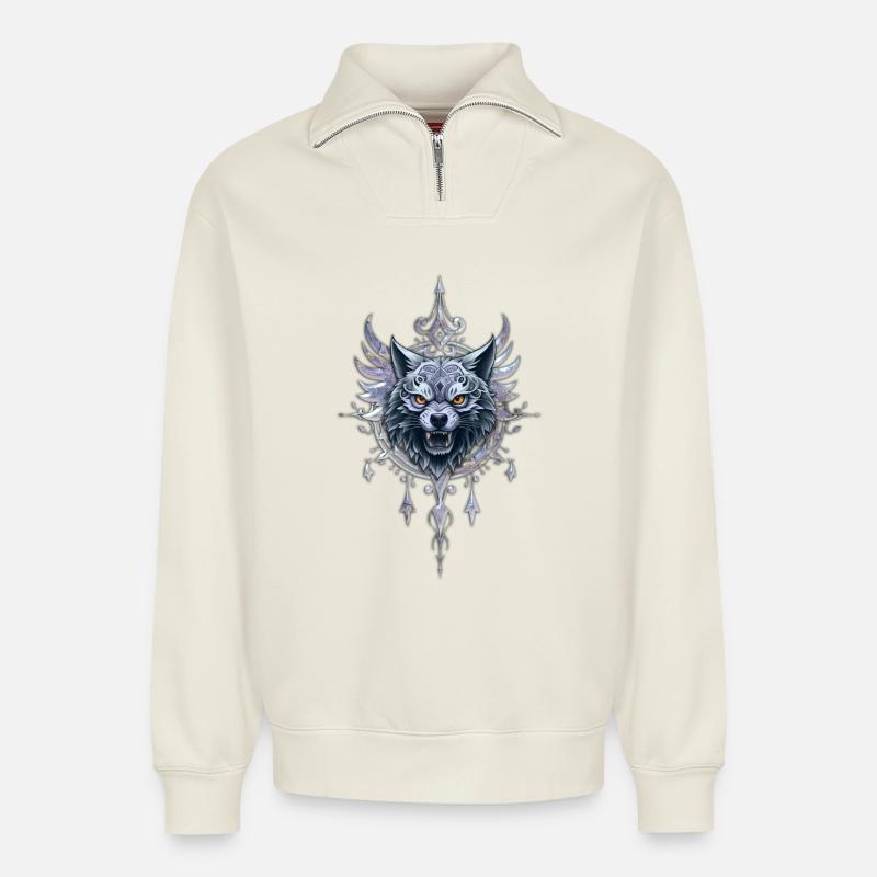 Mystischer Wolfskopf. - Relaxed Unisex Organic Half Zip Sweatshirt – von SPREAD - Naturweiß