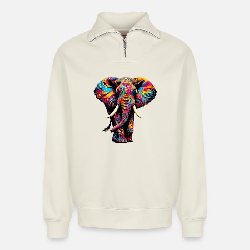 Éléphant - Sweat unisexe décontracté en coton biologique à demi-zip – de SPREAD - blanc cassé