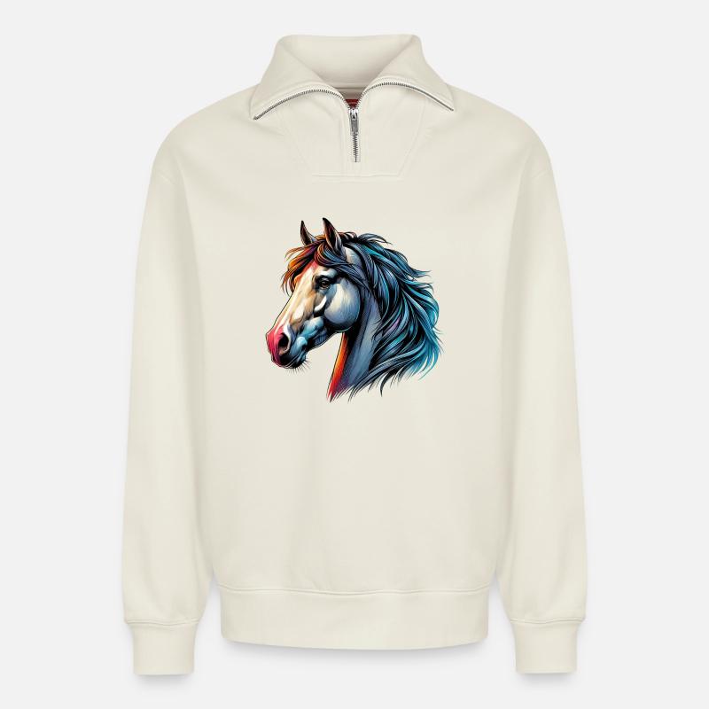 Cheval - Sweat unisexe décontracté en coton biologique à demi-zip – de SPREAD - blanc cassé