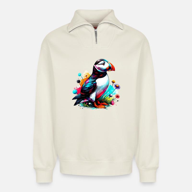 Papageitaucher - Relaxed Unisex Organic Half Zip Sweatshirt – von SPREAD - Naturweiß