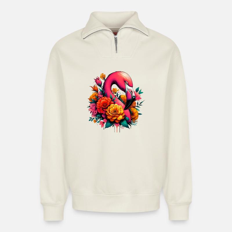 Flamant - Sweat unisexe décontracté en coton biologique à demi-zip – de SPREAD - blanc cassé