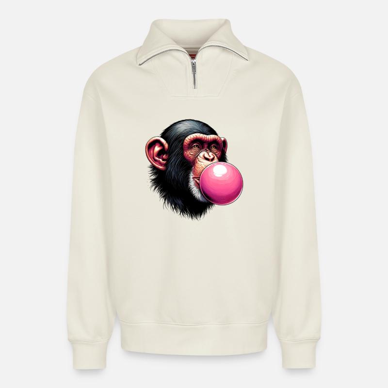Singe - Sweat unisexe décontracté en coton biologique à demi-zip – de SPREAD - blanc cassé