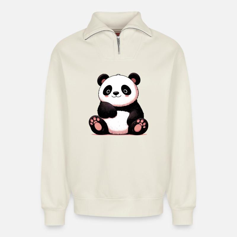 Panda - Sweat unisexe décontracté en coton biologique à demi-zip – de SPREAD - blanc cassé