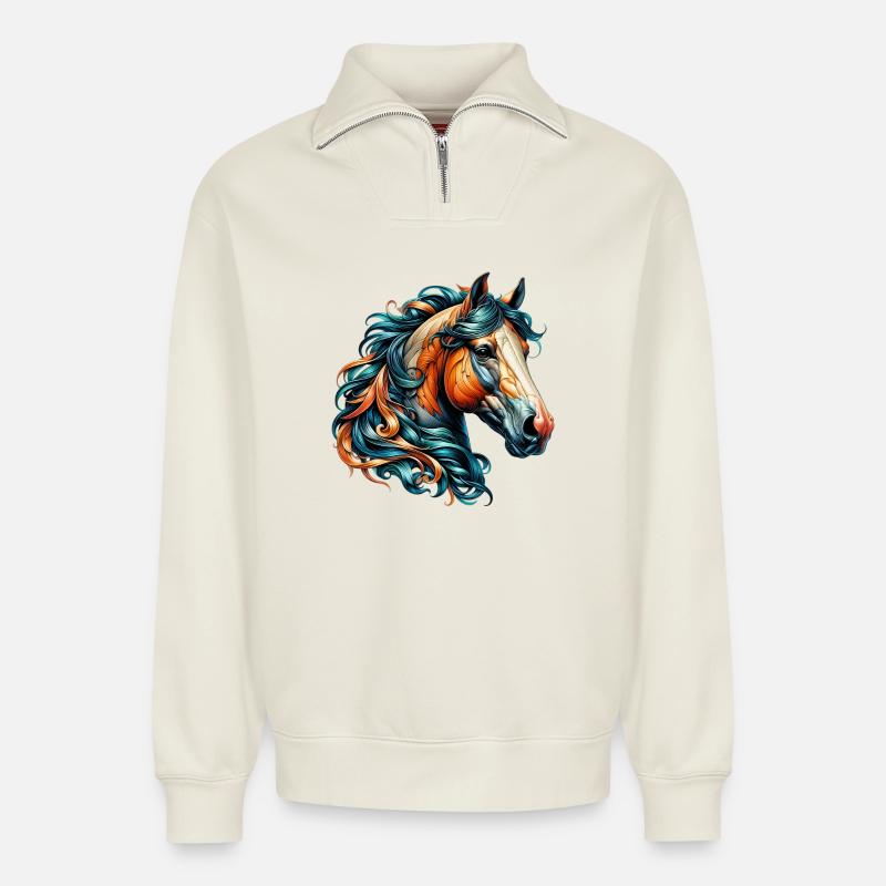 Pferd - Relaxed Unisex Organic Half Zip Sweatshirt – von SPREAD - Naturweiß