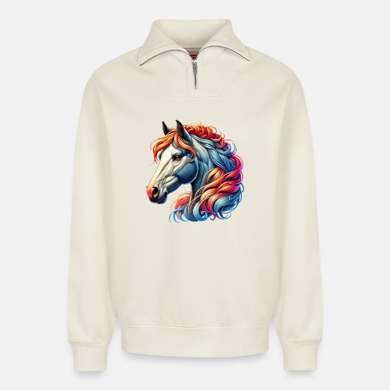 Pferd - Relaxed Unisex Organic Half Zip Sweatshirt – von SPREAD - Naturweiß