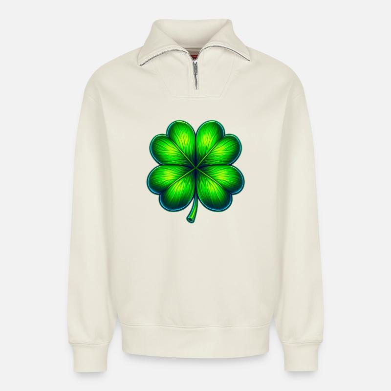 Trèfle à quatre feuilles - Sweat unisexe décontracté en coton biologique à demi-zip – de SPREAD - blanc cassé