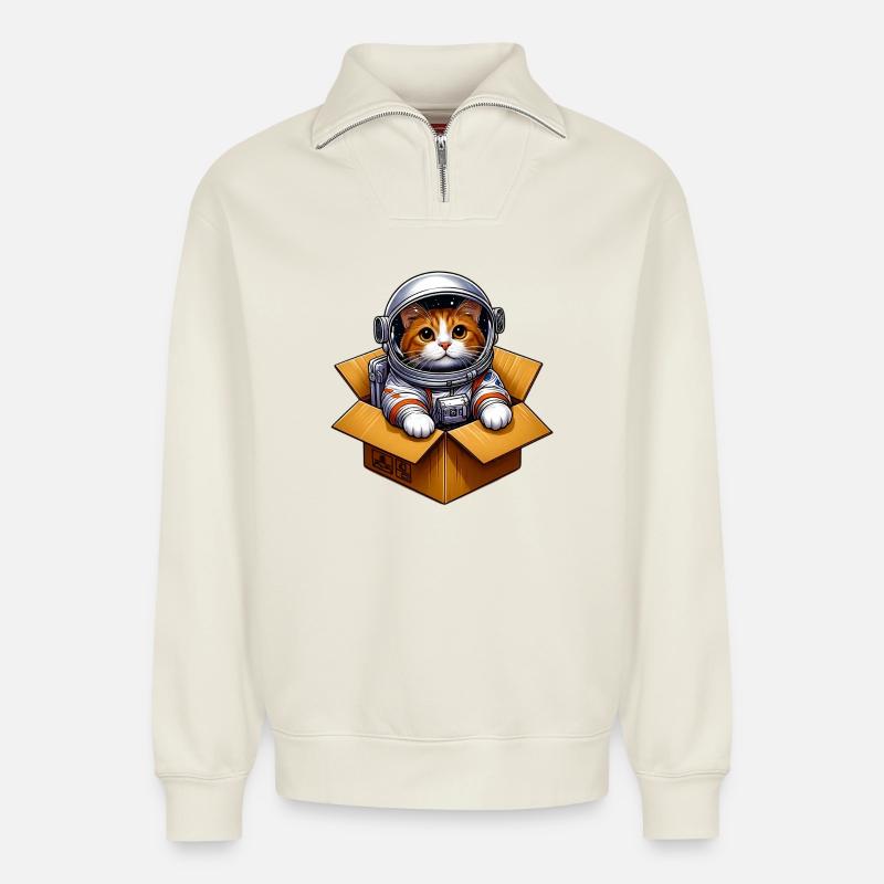 Astronaut Katze - Relaxed Unisex Organic Half Zip Sweatshirt – von SPREAD - Naturweiß