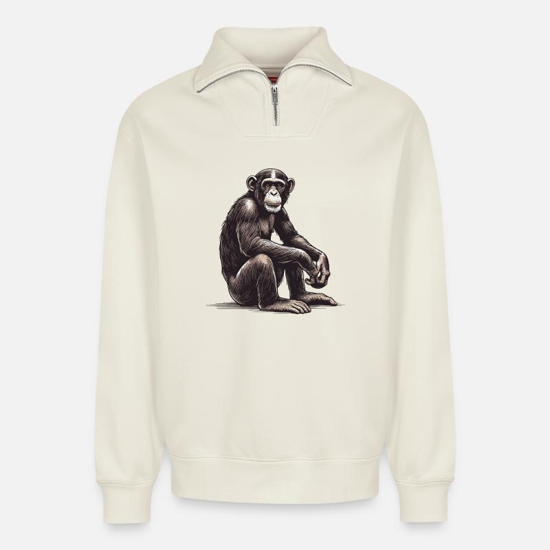 Chimpanzé - Sweat unisexe décontracté en coton biologique à demi-zip – de SPREAD - blanc cassé