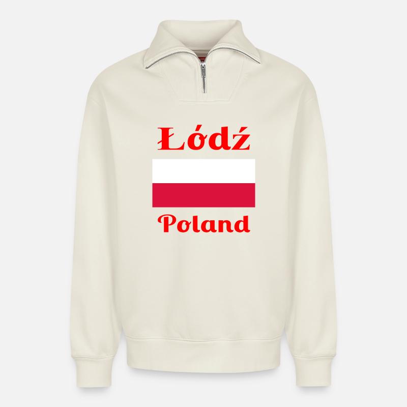 Łódź, Pologne - Imprimés élégants - Sweat unisexe décontracté en coton biologique à demi-zip – de SPREAD - blanc cassé