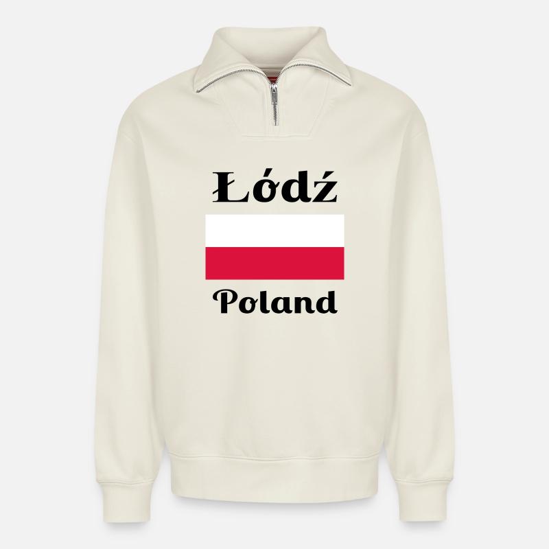 Łódź, Pologne - Imprimés élégants - Sweat unisexe décontracté en coton biologique à demi-zip – de SPREAD - blanc cassé