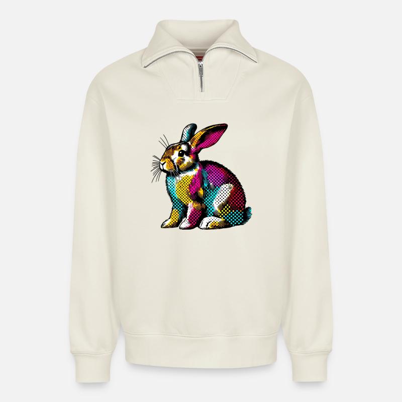 Rabbit - Relaxed Unisex Organic Half Zip Sweatshirt – by SPREAD - off white