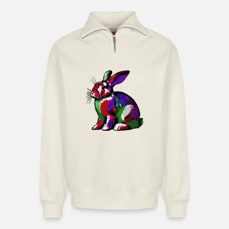 Lapin - Sweat unisexe décontracté en coton biologique à demi-zip – de SPREAD - blanc cassé