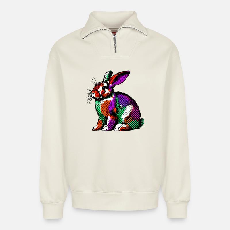Lapin - Sweat unisexe décontracté en coton biologique à demi-zip – de SPREAD - blanc cassé