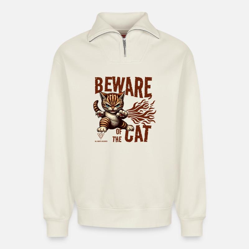 Attention au chat - Sweat unisexe décontracté en coton biologique à demi-zip – de SPREAD - blanc cassé