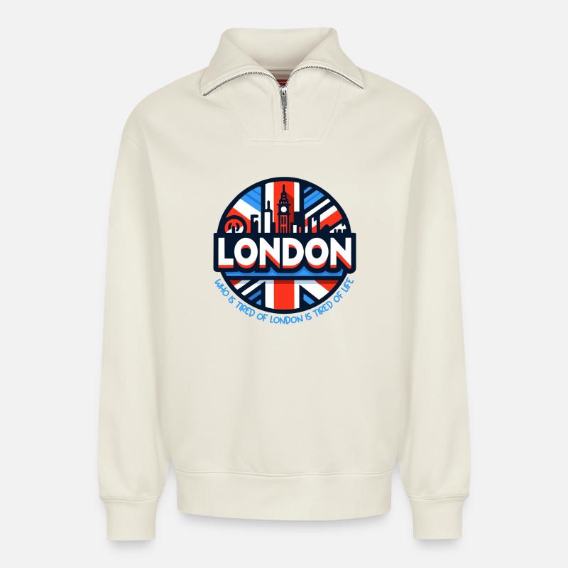Fatigué de Londres - Sweat unisexe décontracté en coton biologique à demi-zip – de SPREAD - blanc cassé