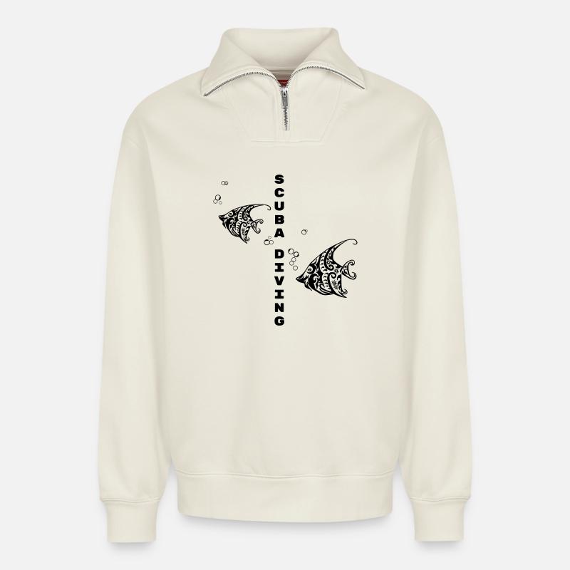 Tauchen – Tribal Fish Design - Relaxed Unisex Organic Half Zip Sweatshirt – von SPREAD - Naturweiß