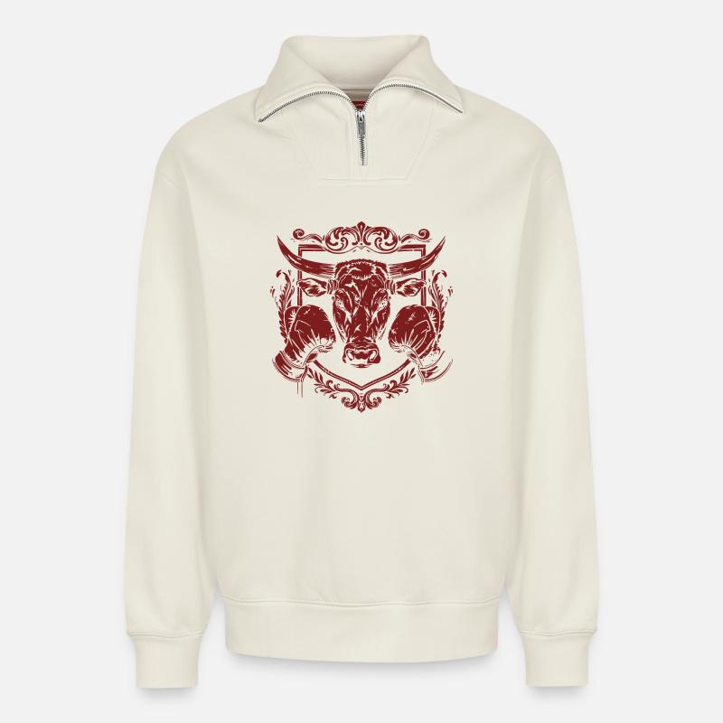 Taurus Boxer - Relaxed Unisex Organic Half Zip Sweatshirt – by SPREAD - off white