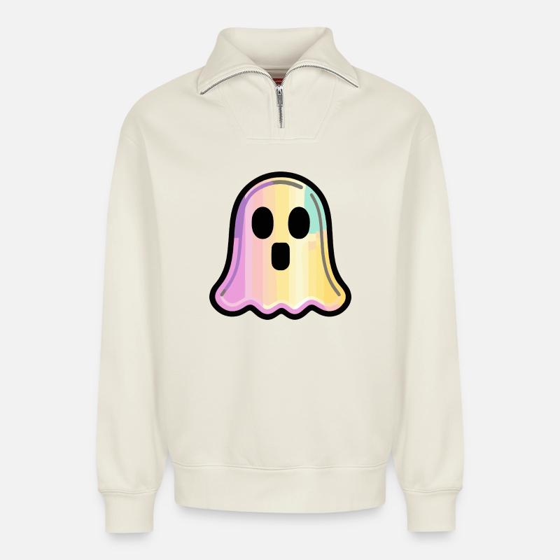 Geist Halloween Comic Süß - Relaxed Unisex Organic Half Zip Sweatshirt – von SPREAD - Naturweiß